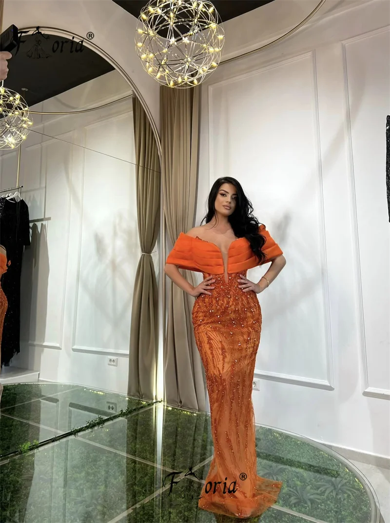 Vestido largo de sirena naranja con hombros descubiertos para mujer, traje de noche con cuentas y lentejuelas para fiesta de graduación, traje de compromiso