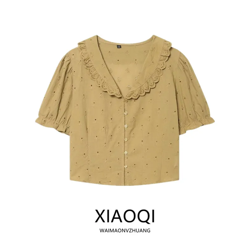 

New Summer 2026 Women's Bubble Sleeve Embroidered Shirt Versatile Turn-down Collar Blouse Comfortable Loose Fit Chinese Produ...