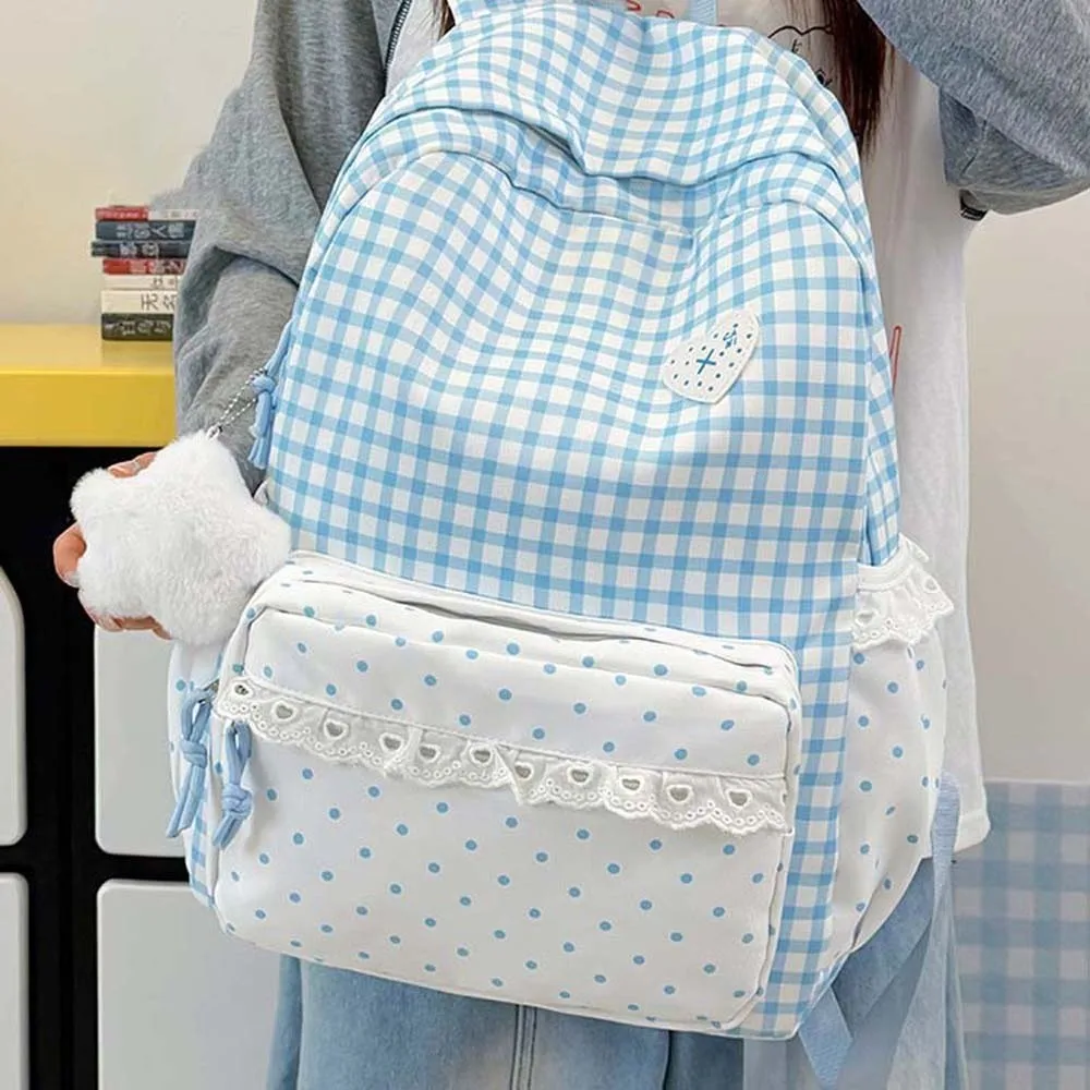 Korean Style Gingham Backpack Pastel Colors Polka Dot Lace Schoolbag Lightweight Heart Embroidery Plaid Daypack High Students