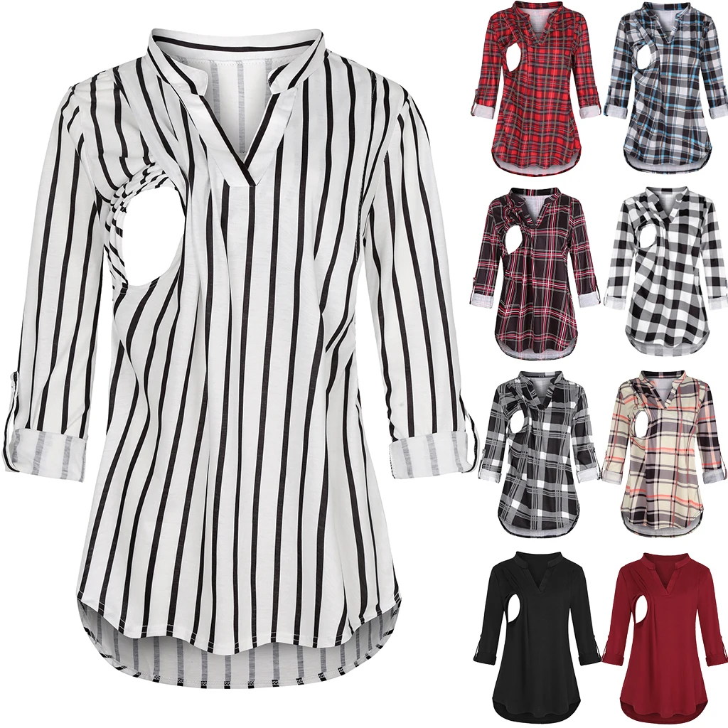 Damen Umstands-Still-T-Shirt mit V-Ausschnitt, einfarbig, langärmelig, Still-Tops, Kleidung für schwangere Frauen – Detail 17