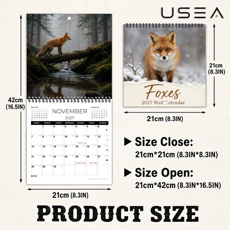 2027 Wall Calendar,Snowy Fox Design,Large Writable Blocks, US Federal Holidays,Aesthetic Wall Decor, Gift for Mom Women Coworker
