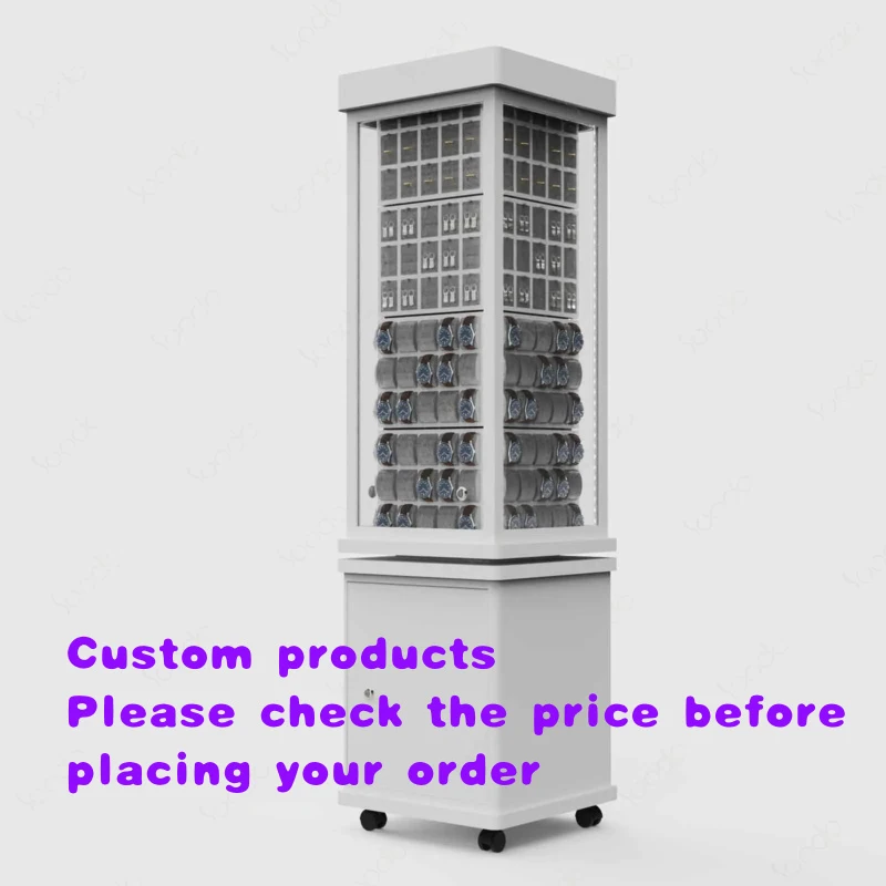 custom.Custom Rotating Watch Jewelry Display Cabinet Wood Marble Materials LED Lighting Luxury Style Wheels Removable Features-S