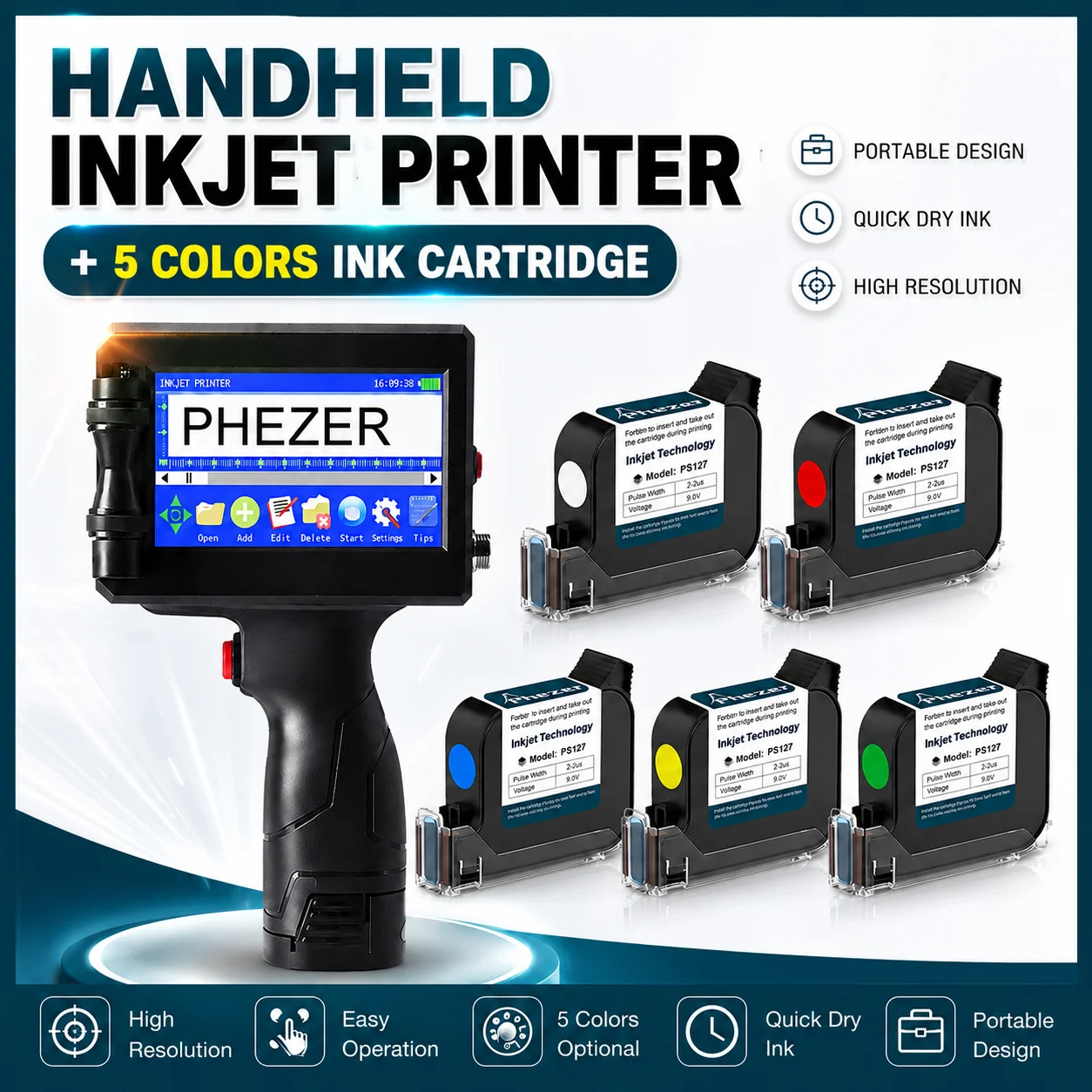 Phezer 12.7mm Handheld Inkjet Printer Black/White/Yellow/Blue/Red/Green Ink Portable Label Batch Date Expiry Logo QR Barcode