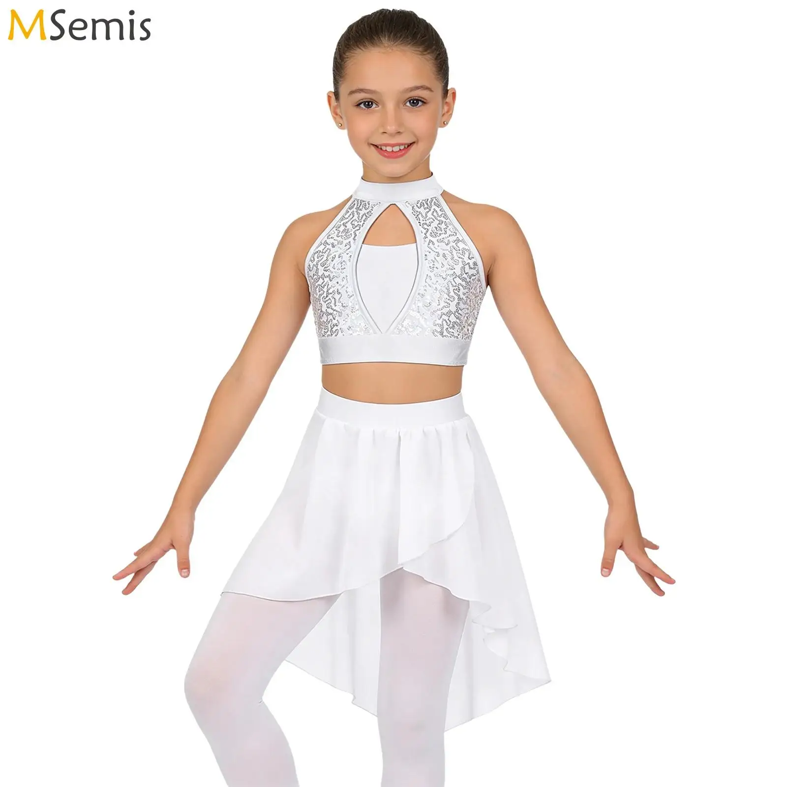 Kids Girls Two-Pieces Ballet Jazz Dance Performance Outfits Keyhole Back Sequin Crop Top with High-Low Irregular Chiffon Skirt