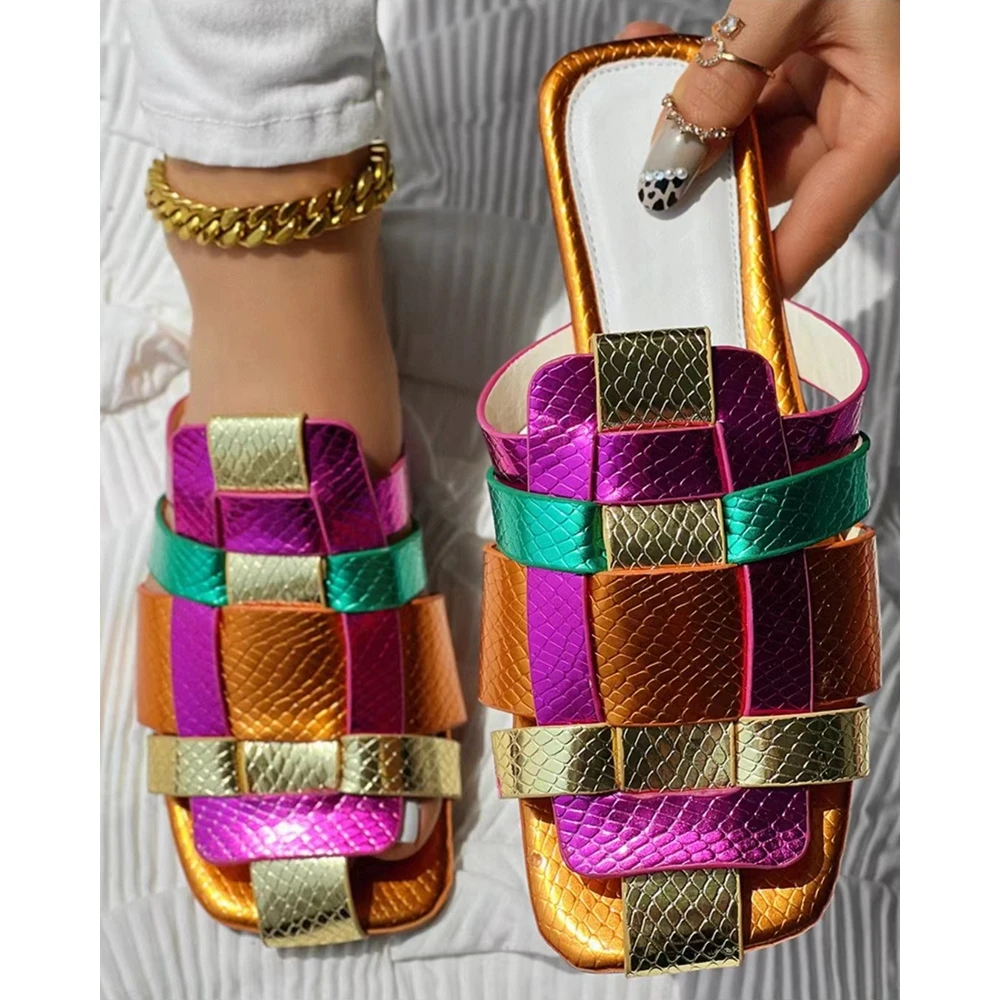 Outdoor Summer Fashion Casual Going Out Sandals Shoes Rainbow Colorblock Square Toe Beach Slippers