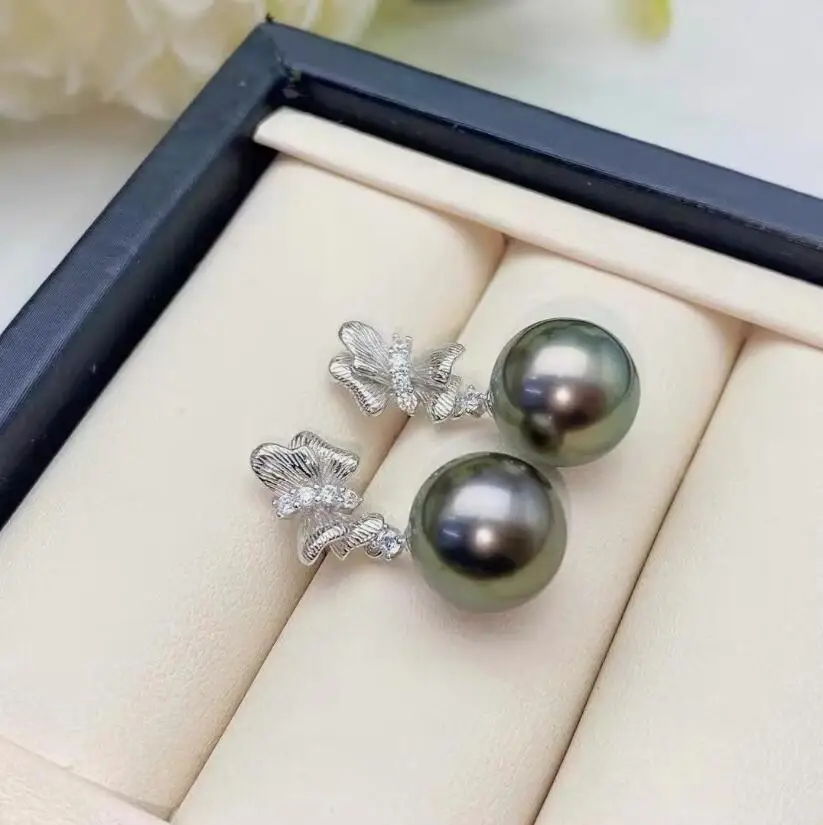 stunning pair of 10-11mm 9-10mm tahitian round black green pearl earring 925s