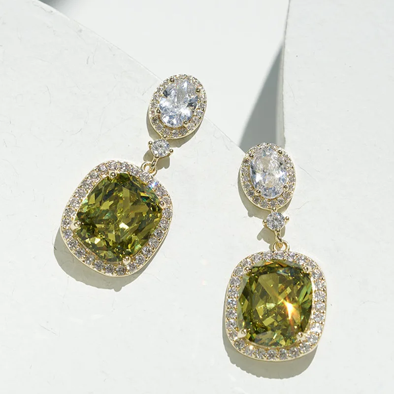 

Luxury Olive Green Zircon Square Earrings For Lady Fashion Rhinestone Geometry Stud Earrings Casual Banquet Wedding Jewelry Gift