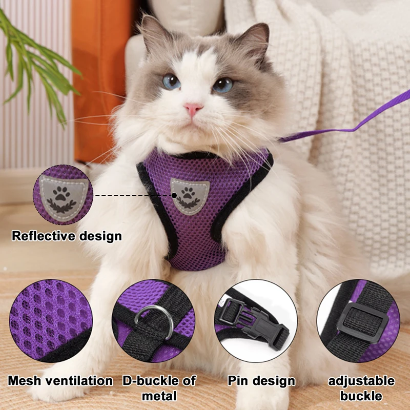 Reflective Dog Vest Strap Harness Leash Set Adjustable Pet Cat Harness Set Portable Breathable Small Dog Leash Outdoor Walking