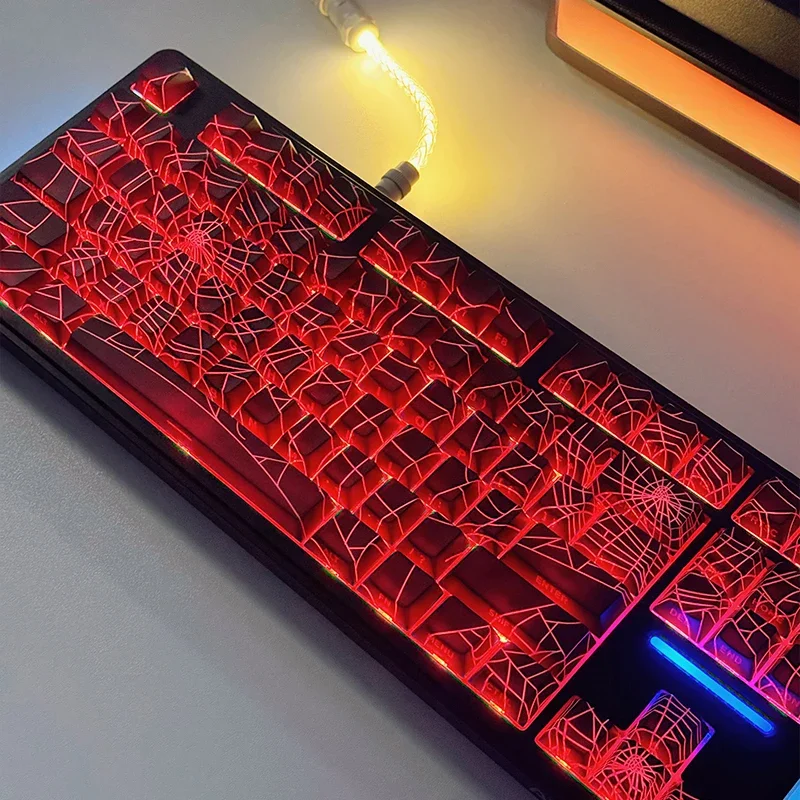 Schwarze Spinnenlinie, seitlich gravierte, durchscheinende Tastenkappen, Kirsch-Tastenkappen, mechanische Gaming-Tastatur, Persönlichkeit, individuelle Tastenkappen