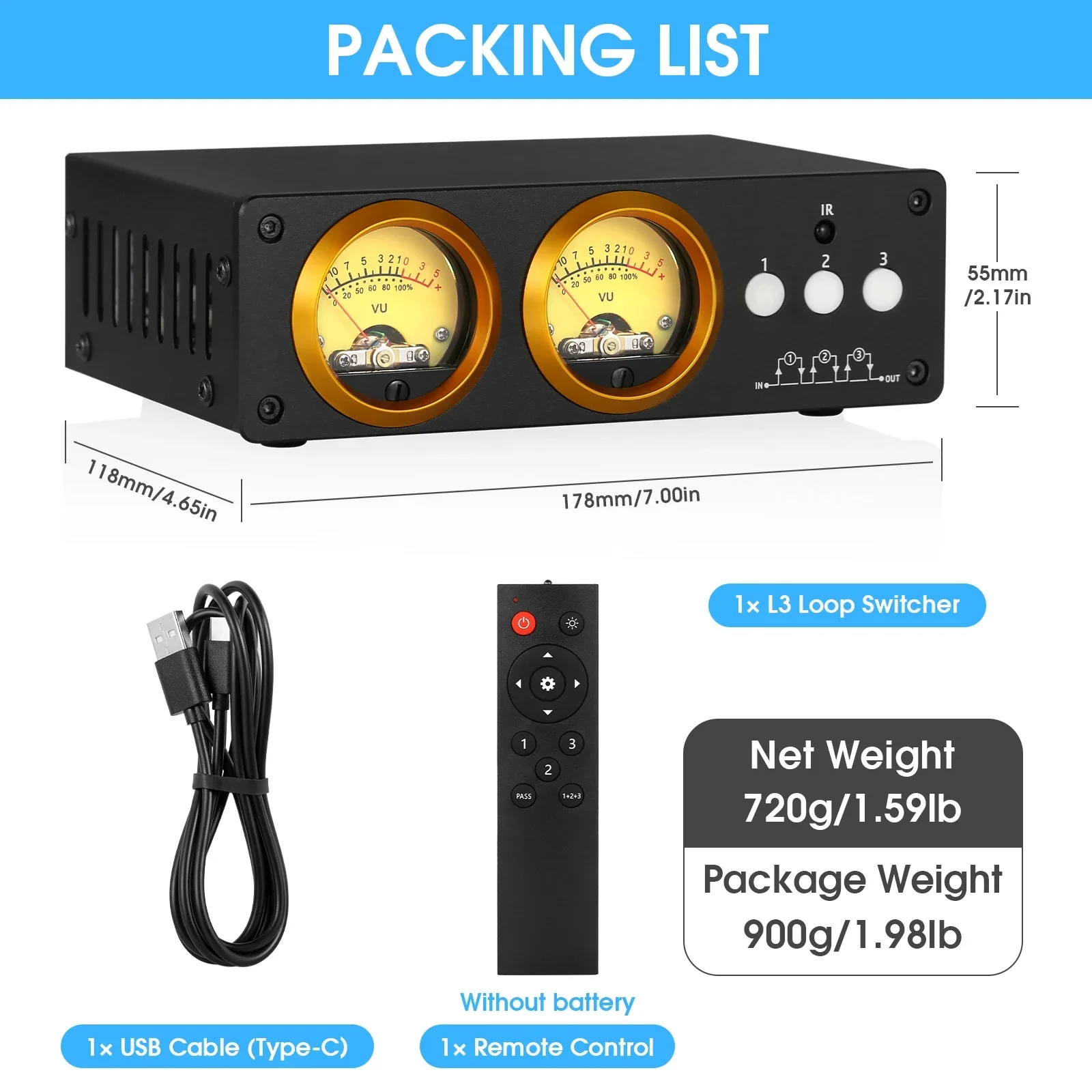 Dual VU Meter Display Stereo Splitter com Controle Remoto IR, Áudio Duplo, L3, 3 Canais Loop Switcher Box, 1 IN-3(1)-OUT Selector