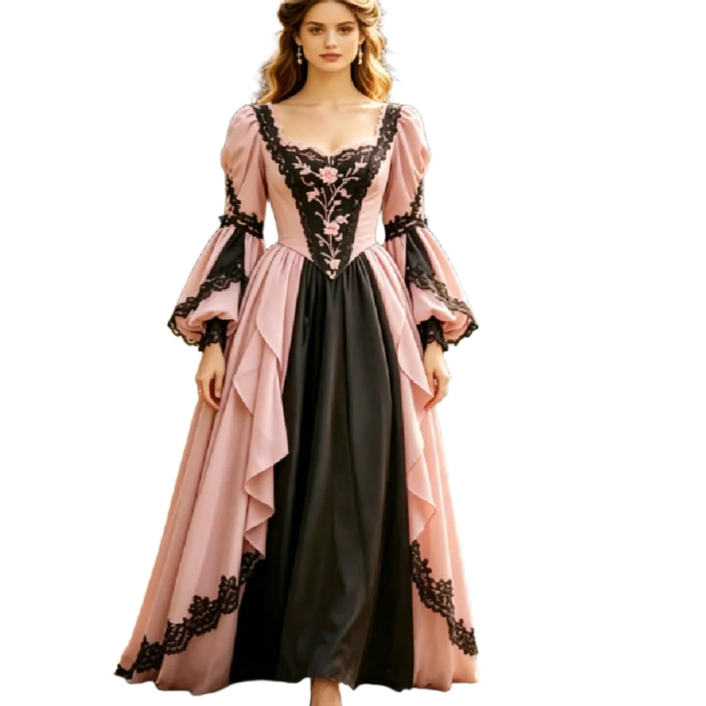 Pink Black Contrast Victorian Evening Dress 2026 Patchwork Floral Embroidery Lace Prom Dresses Renaissance 1860s Medieval Party