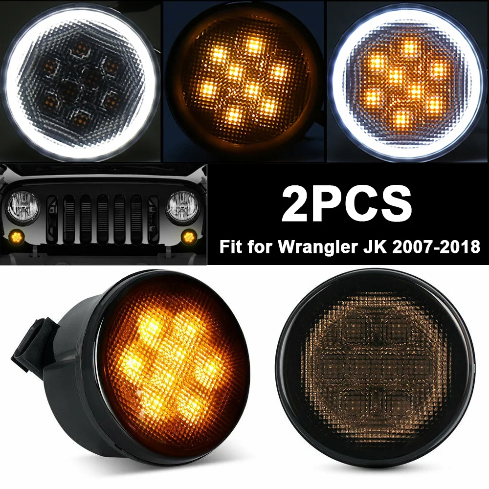 2pcs White Amber Front LED Turn Signal Light Grill Smoke Lens Lamp For Jeep Wrangler JK 2007-2018