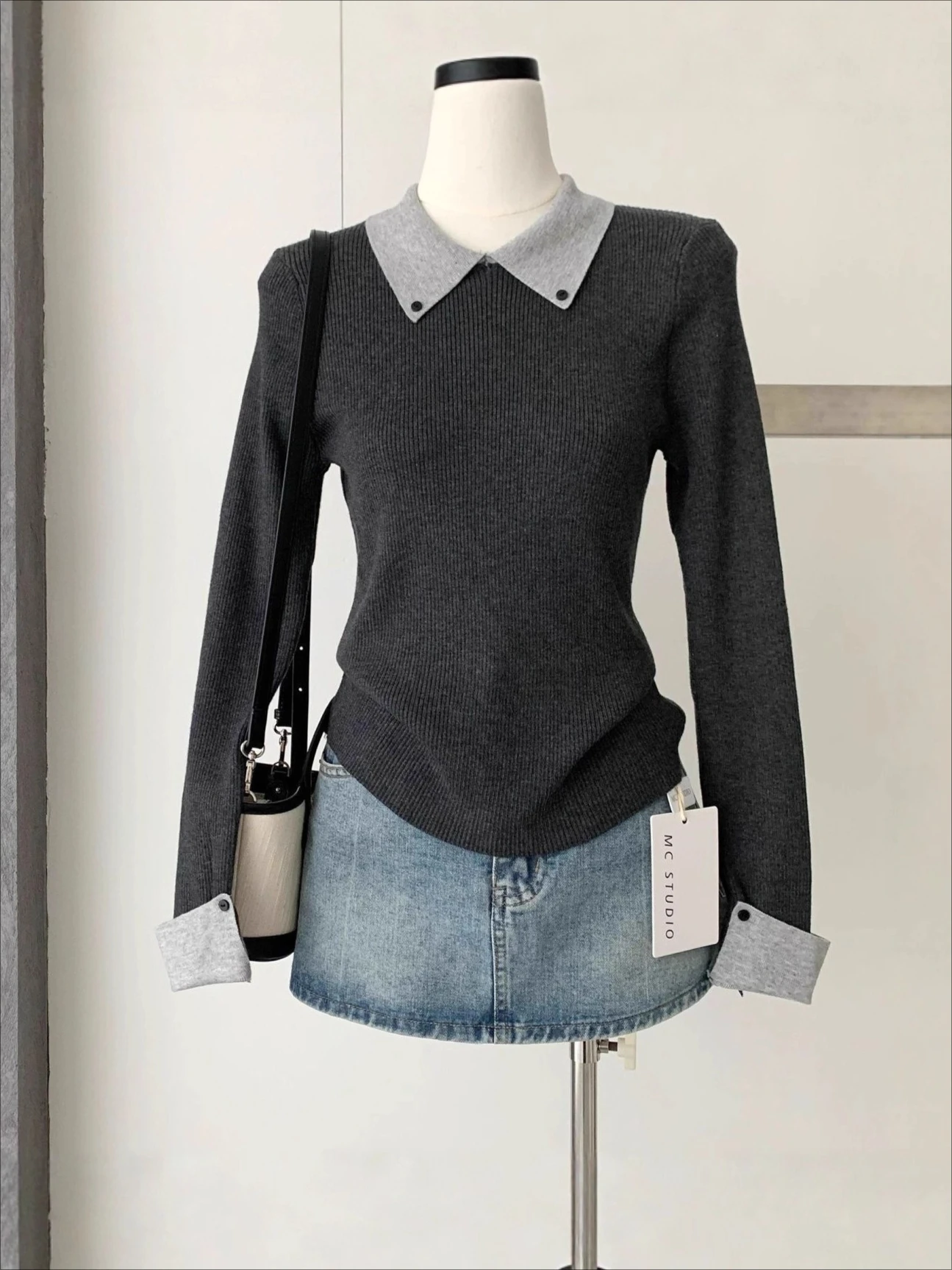 Fashion Lapel Sweater Solid Color Slim Temperament Versatile Knitwear Pullover 2026 Autumn New Grey Elegant Long-sleeved Top
