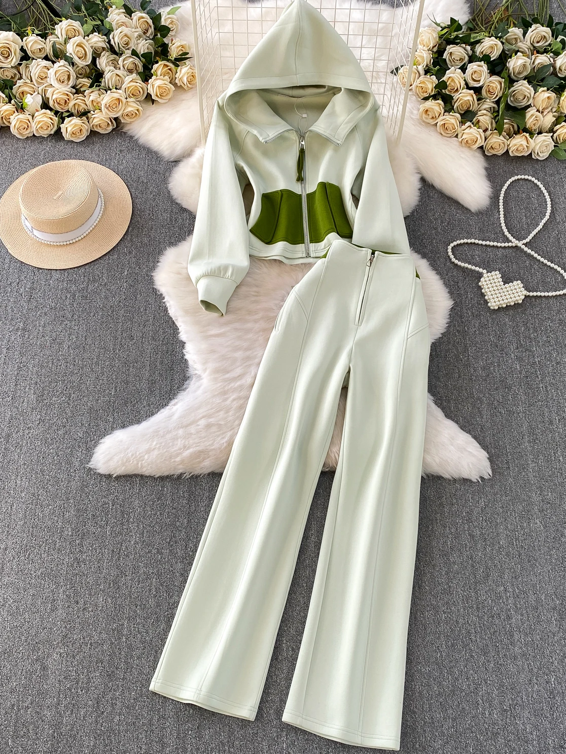

Casual Sporty Two-Piece Set Women's Autumn Design Color Block Pocket Zipper Hooded Jacket High Waist Slimming Pants