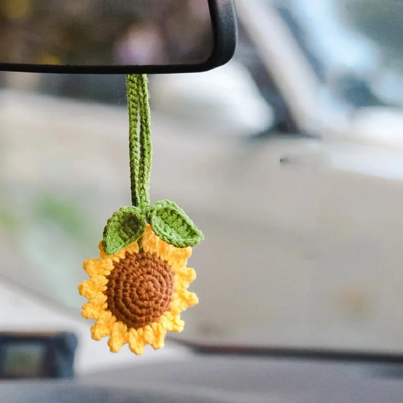 Multipurpose Handmade Crochet Sunflower Car Rearview Mirror Decoration Charm Ornaments Auto Interior Accessories Car Decor