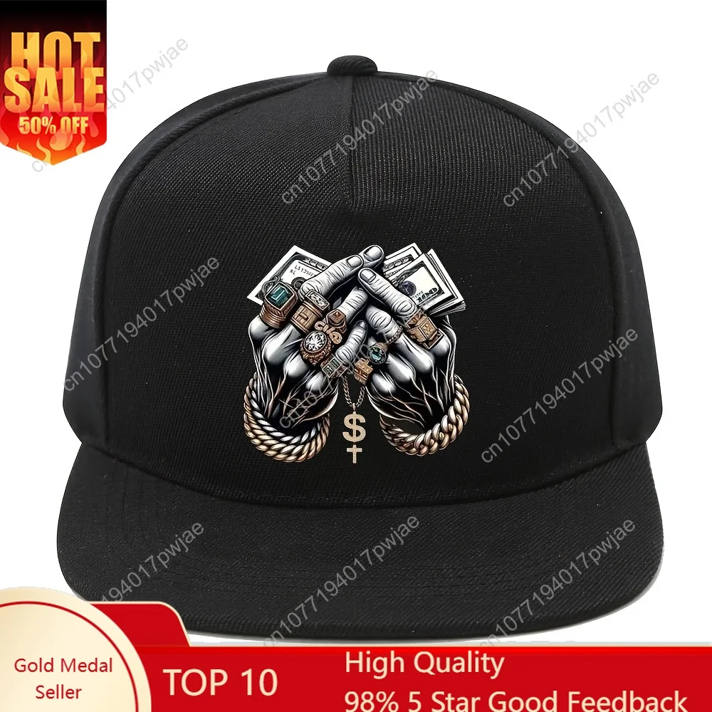 

[Urban Fashion Snapback Hat] 1pc Unisex Adjustable Snapback Hat with Dollar Sign & Jewelry Print | Lightweight Flat Brim Basebal