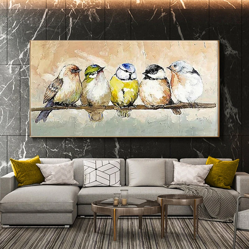 Original Handmade Textured Canvas Art, Colorful Little Birds Oil Painting, Rustic Neutral Tone Horizontal Living Room Wall Decor