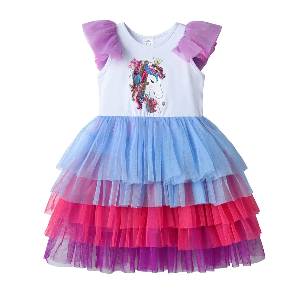Girls Flutter Sleeve Tutu Summer Dress Kids Sequins Crown Unicorn Appliqued Tiered Princess Birthday Party Sparkle Elegant Dress