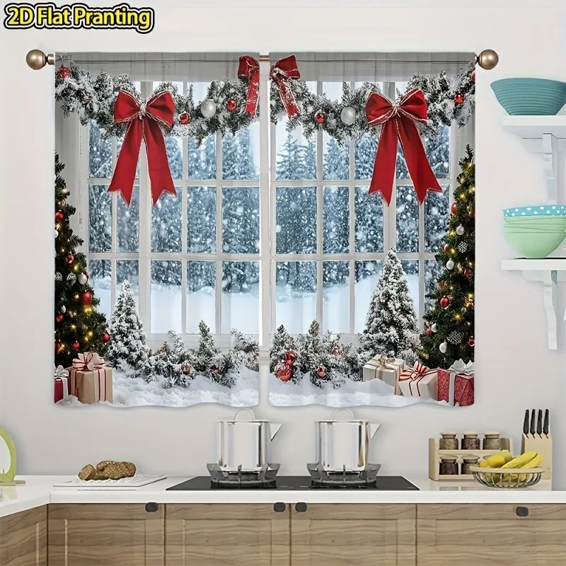 2D flat 2-piece set Christmas decoration winter semi-transparent curtains, pole bag design red bow cedar curtains Winter holiday