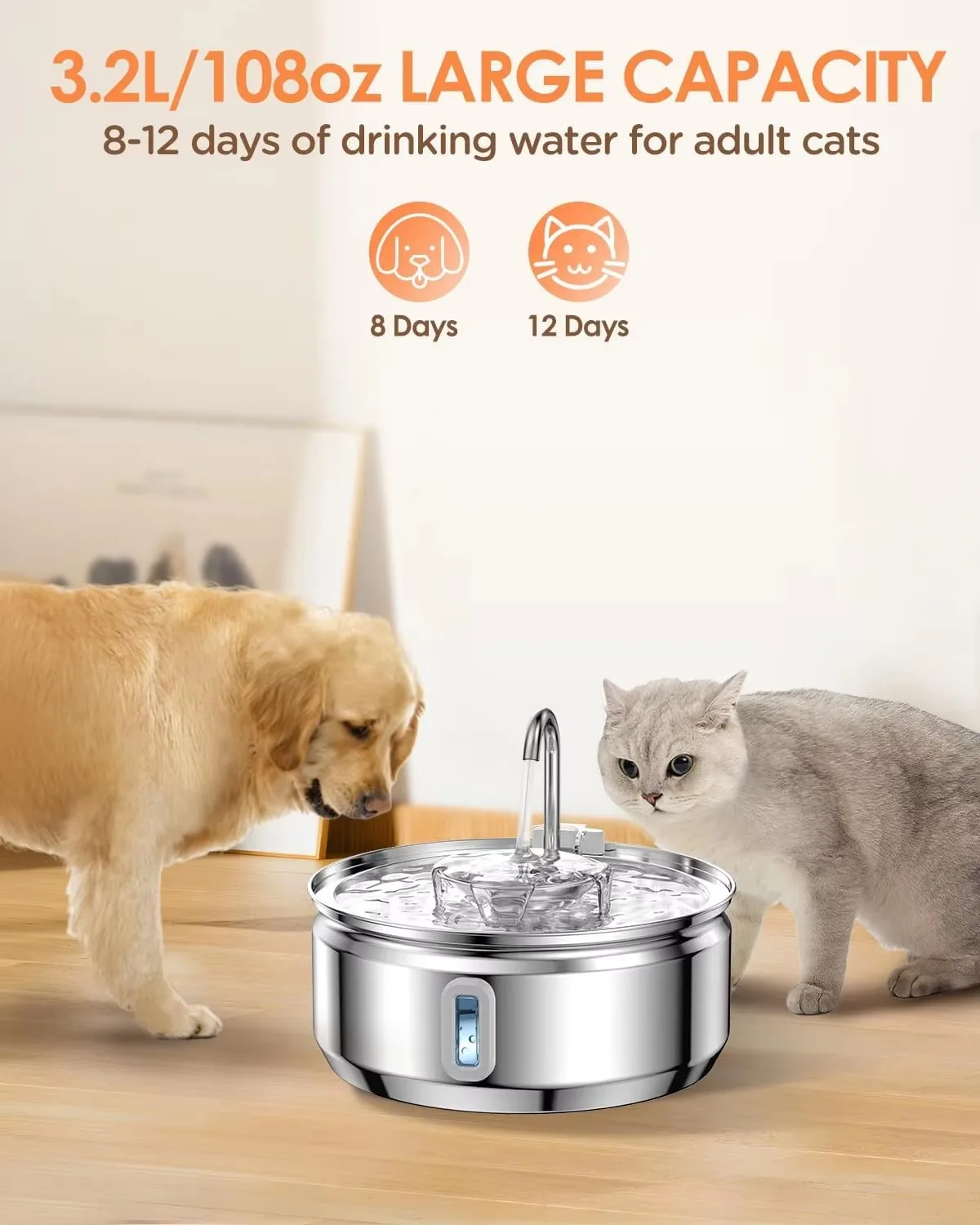 Cat Water Fountain 3.2L/108oz Upgraded Stainless Steel Pet Water Fountain for Cats Drinking Automatic Cat Water Bowl Dispenser