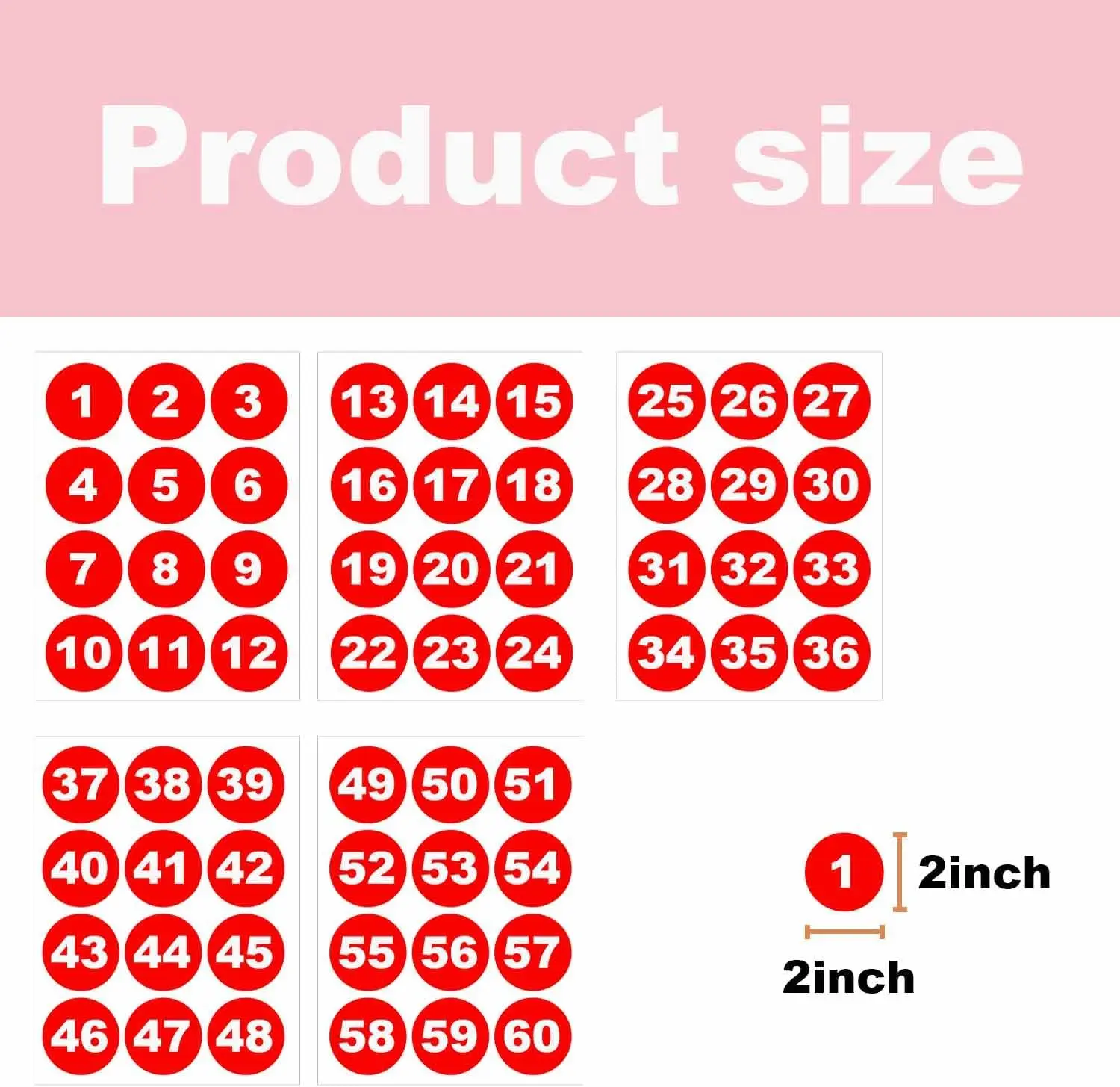 2inch Fluorescent Red Consecutive Number Stickers 1 to 60 Number Stickers for Inventory Storage Organizing Marking Bins 240pcs