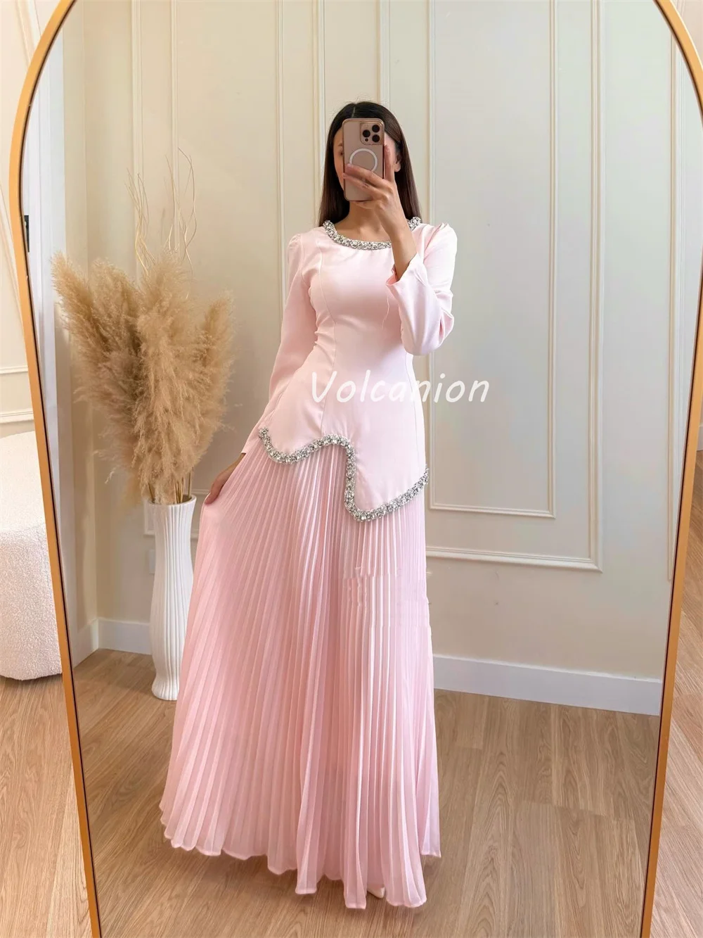 تخصيص الطراز الحديث أنيقة الأورجانزا ثنيات حجر الراين الديكور مطرزة مستقيم س الرقبة فساتين طويلة فساتين المناسبات حسب الطلب #4