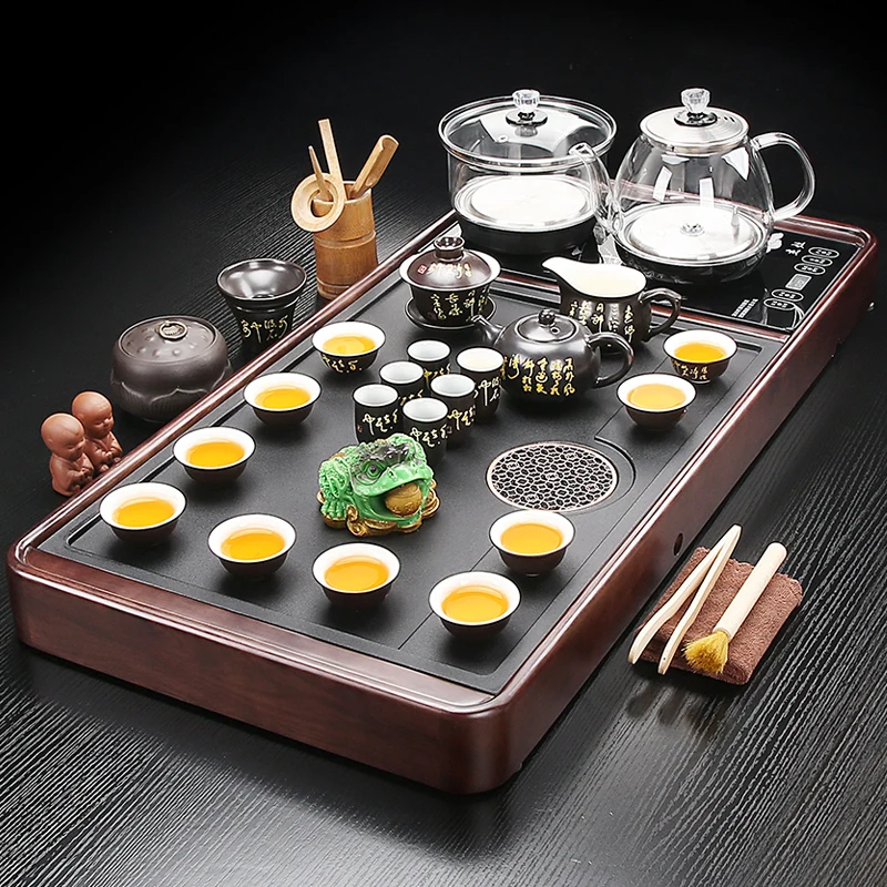 

Automatic bottom water kettle, solid wood tea tray set, a set of household large tea table tray
