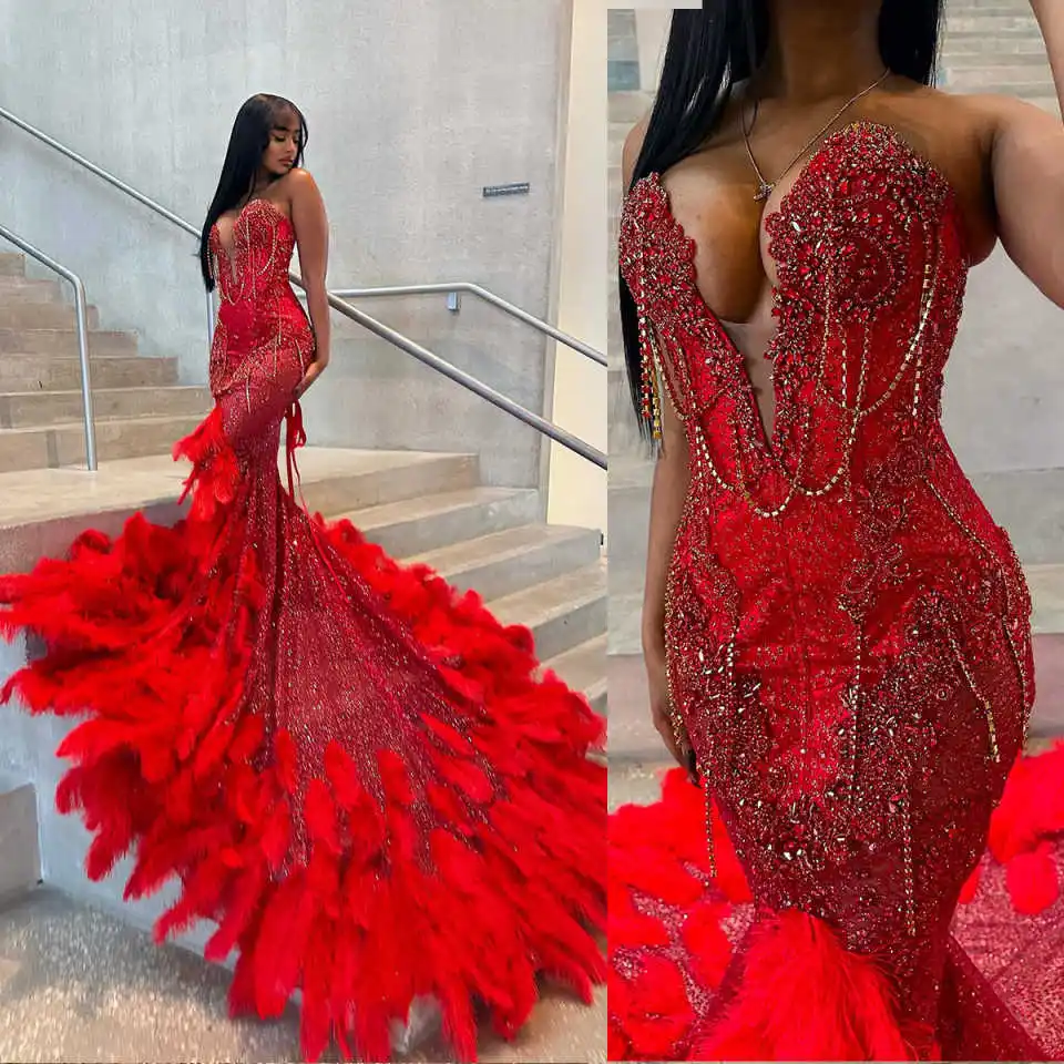 

Luxury Feather Mermaid Wedding Dress Red V Neck Rhinestone Sequins Bride Gowns Sleeveless Lace Up Bridal Dresses Customized