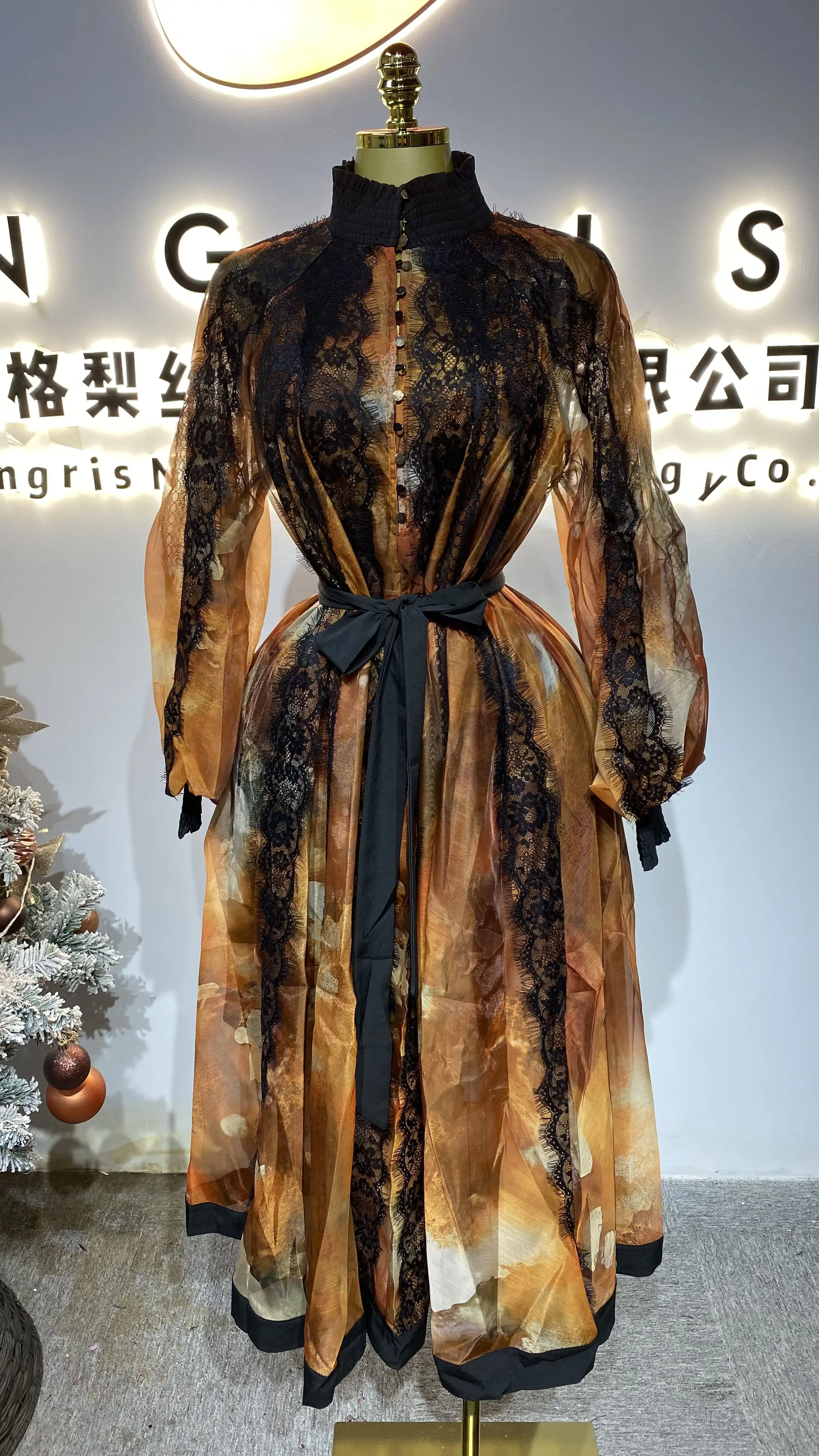 فستان شيفون مقاس كبير للنساء، أكمام فانوس مطبوعة، طويل عطلة الشاطئ كاجوال-GZXX359