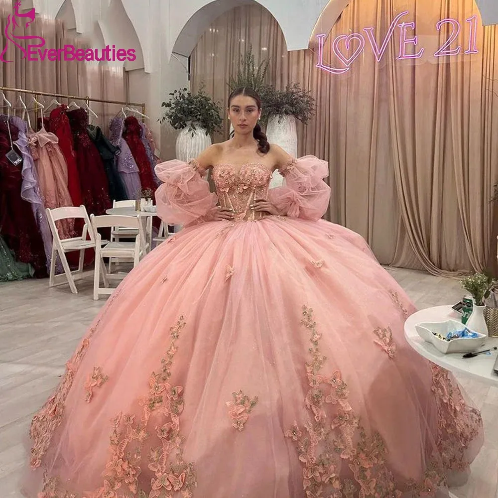 Tulle Appliques Quinceanera Dress Vestidos De 15 Quinceañera Sweet 15 16 Dress for Girls Long Sleeves Ball Gown Prom Dresses