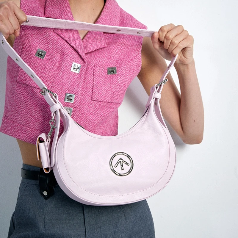 GROTTO Italian pleated genuine leather luna hobo crescent bag single shoulder crossbody underarm bag