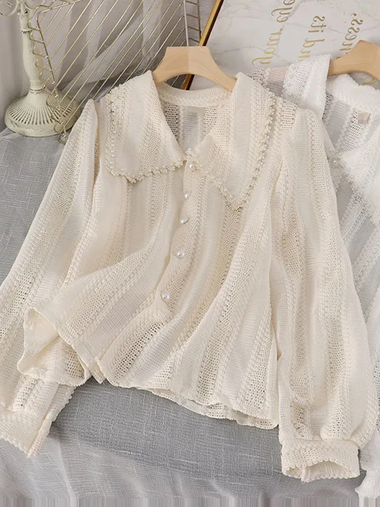 Fashion Hollow Out Peter Pan Collar Blouses Women Spring Elegant Single-breasted Pearl Button Decoration Tops Korean Thin Shirt