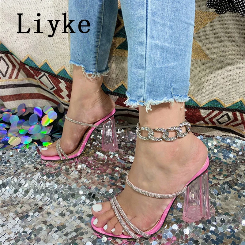 Liyke 2024 New Pink High Heels Women Slippers Fashion Crystal Rhinestone Open Toe Shoes Summer Sandals Female Mules Slides Pumps