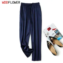 Women Pants 93% Mulberry Silk 7% Spandex 20 Momme Solid Color Navy Tapered Leg Long Pants Tied-Waist Elegant Chic Trousers FF029