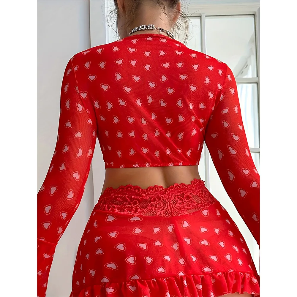 파티 발렌타인데이 선물 로맨틱한 시각의 섹시한 속옷 레드 러브 브라 짧은 치마 끈 팬티 3종 세트