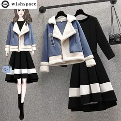 Korean Popular Winter New High-end Cashmere Jacket Coat Splicing Long Sleeve Dress Two-piece Elegant Women's Dresses Suit