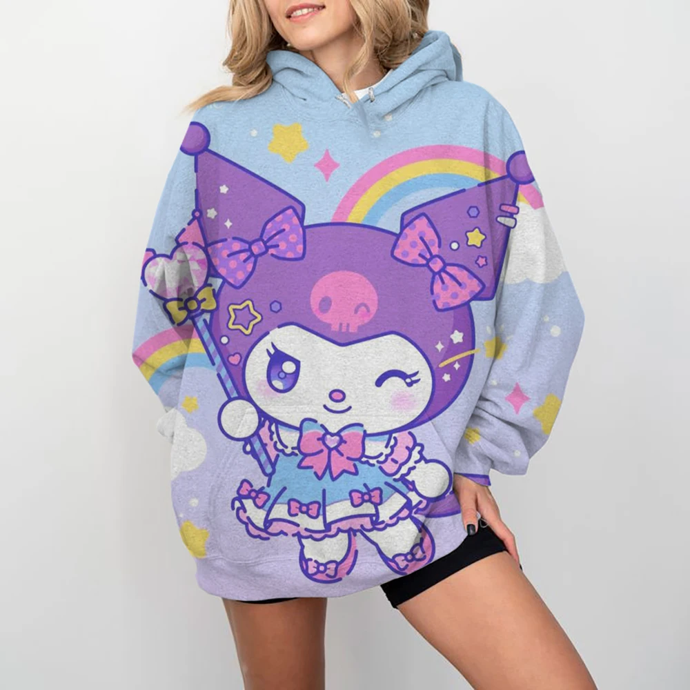 Women Y2K Hoodies Harajuku Hello Kitty Print Loose Sweatshirt Trousers Hip Hop Punk Long Sleeve Pocket Sweatpant Streetwear Tops