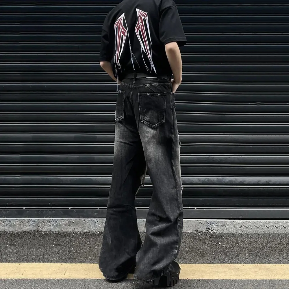 夏のメンズソリッドカラーバギージーンズリッピングアメリカンレトロファッショントレンドヒップホップハイストリートルーズカジュアルシンプルメンズボトムス