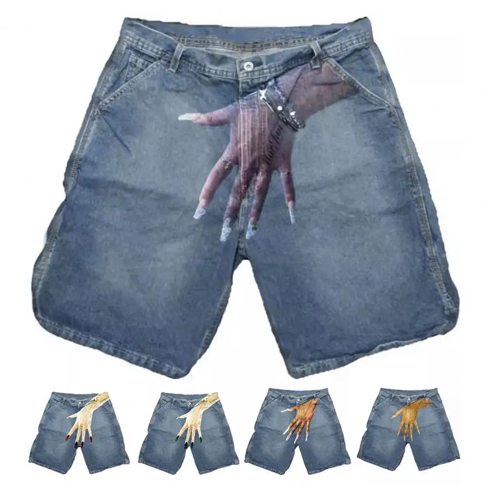 Men Shorts Hand Printed Hop Style Denim Shorts for Men with Button Zipper Fly Pockets High Street Short Jeans with Unique Design