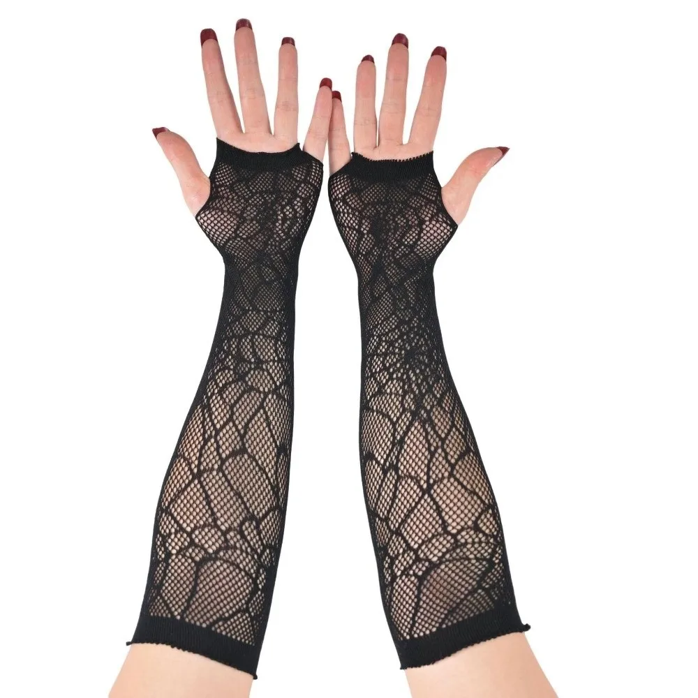 Guantes de telaraña negros de moda gótica, guantes de medio dedo transpirables de manga larga, guantes de rejilla elásticos finos para Halloween