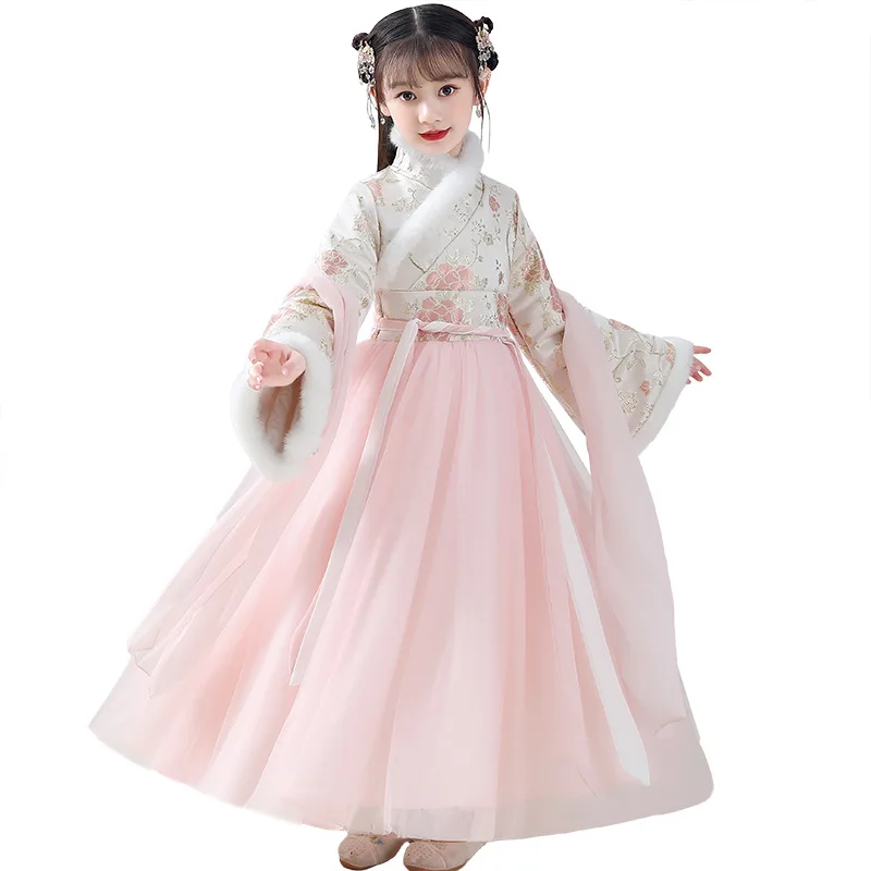 Hanfu Mädchen Kostüm Cheongsam China Neue Jahr Frühling Festival Kleidung Winter Verdickung Robe Warm Leistung Blume Kid Kleider