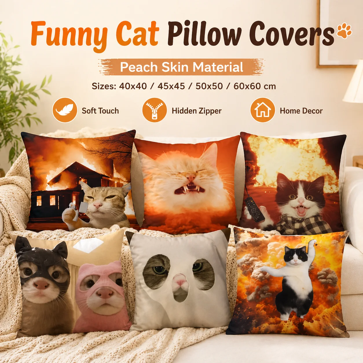 

Funny Meme Cat Explosion Pillow Covers 2D Flat Printed Peach Skin Throw Cushion Case For Couch Sofa Living Room Decor 45x45cm
