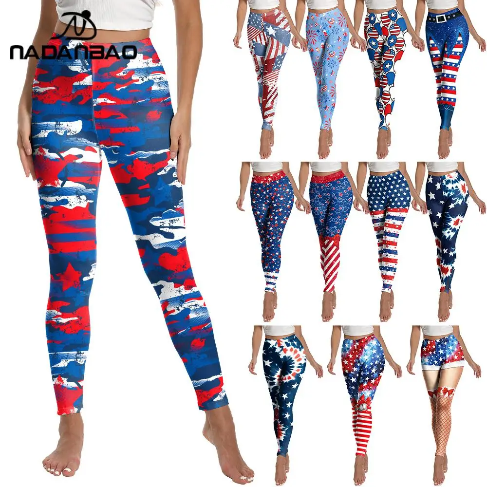 

Nadanbao Women Patriotic Leggings Independence Day Print Pants Mid Waist Sexy Tights Fashion Summer Streetwear Party Trousers