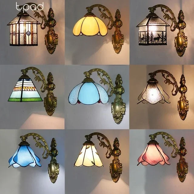 

Modern Mediterranean Wall Lamp Led Colorful 12 Choice Beside Bedroom Vintage Indoor Wall Lamp With Iron Bracket Light