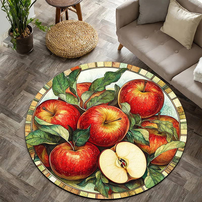 Painted Red Apple Theme Flannel-printed round floor mats are slip-resistant Suitable living room bedroom terrace garden carpets