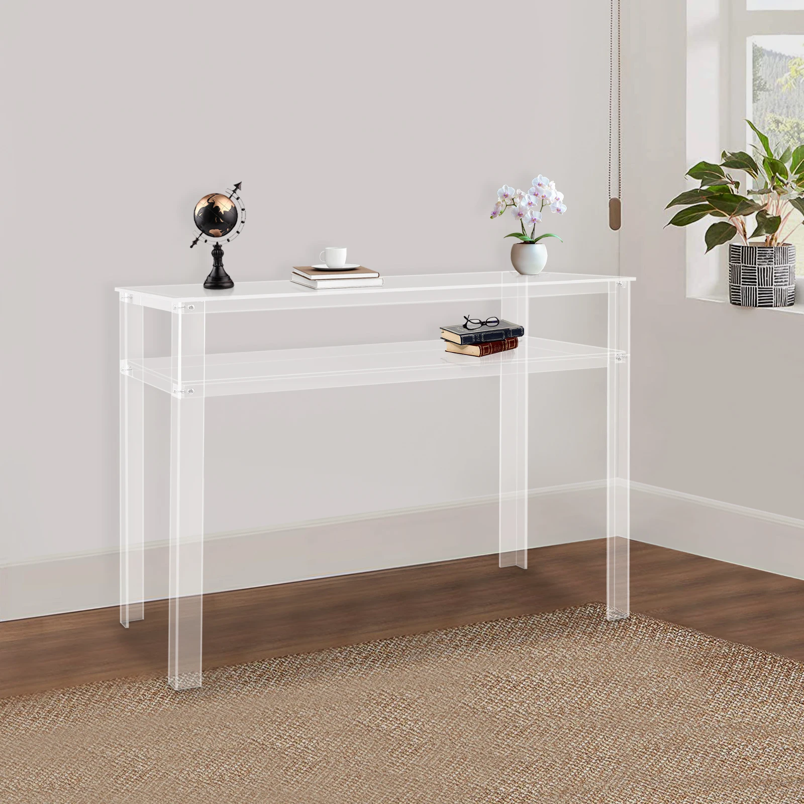 Moderner, transparenter, doppelschichtiger Bürotisch aus Acryl mit großer Arbeitsplatte und vorgebohrten Löchern für Schlafzimmer, Arbeitszimmer und Hotels – Detail 6