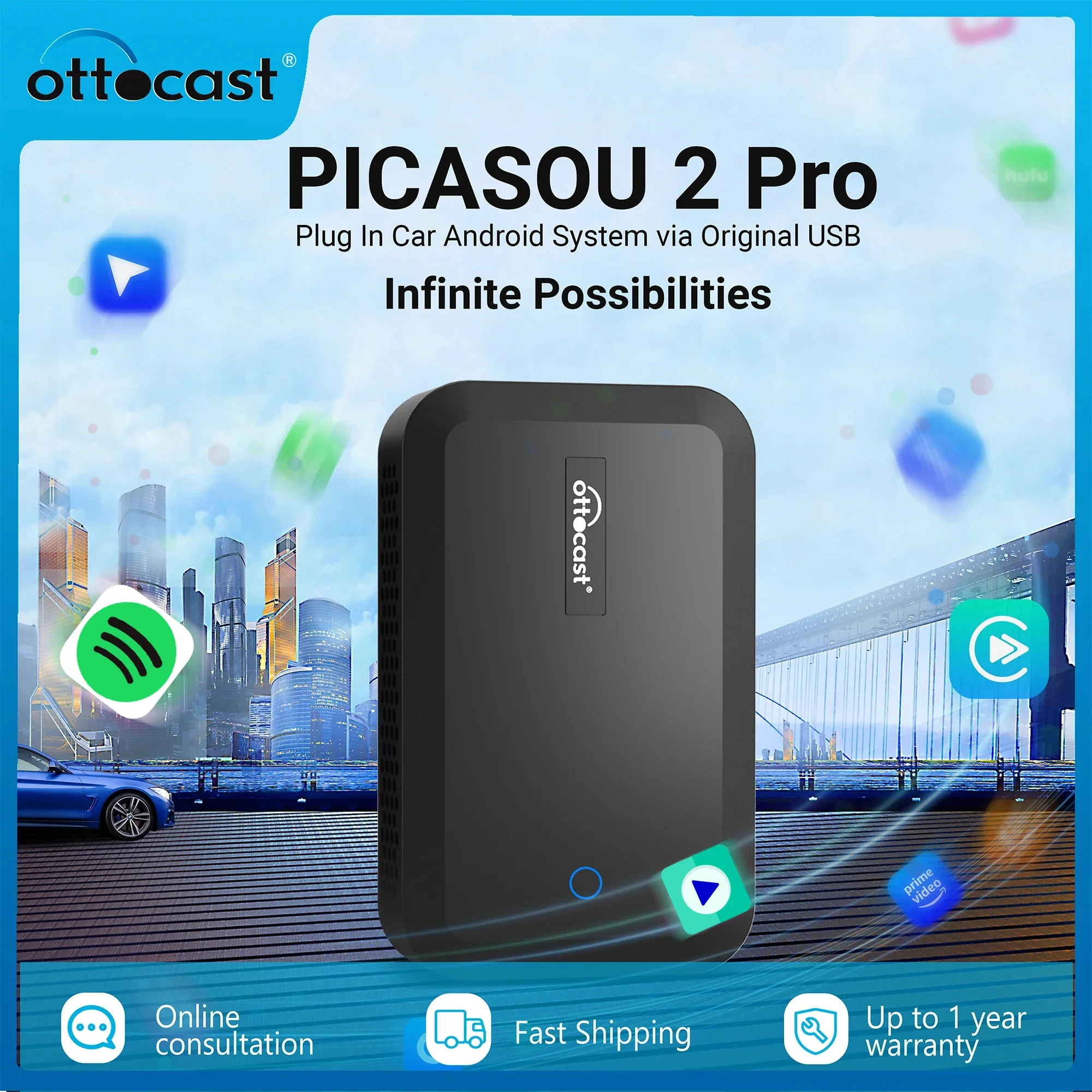 OTTOCAST PICASOU 2 PRO CarPlay AI Box, inalámbrico, CarPlay, Android, entrada HDMI automática para fire TV stick, Netflix Box para Kia, Hyundai