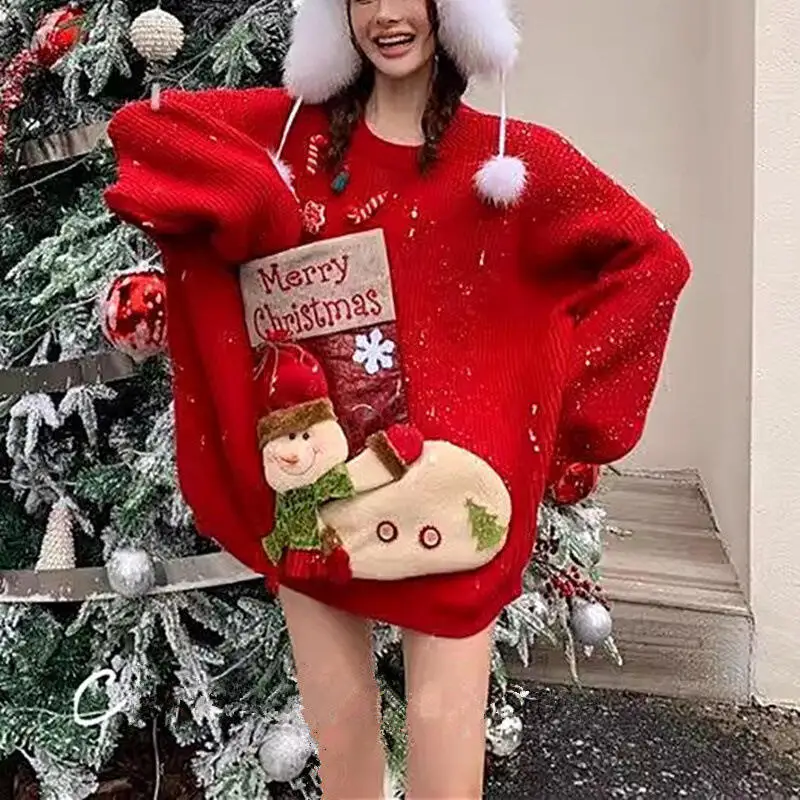 سترة عيد الميلاد امرأة الشتاء الدفء القمم لينة لزجة الجولة الرقبة Kawaii طالب تريكو كسول حسن المظهر السنة الجديدة البلوز