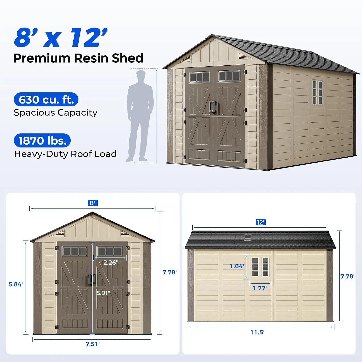 8x12 FT Resin Outdoor Storage Shed with Floor, Plastic Garden Tool Shed, Patio Backyard Organizer, Customized