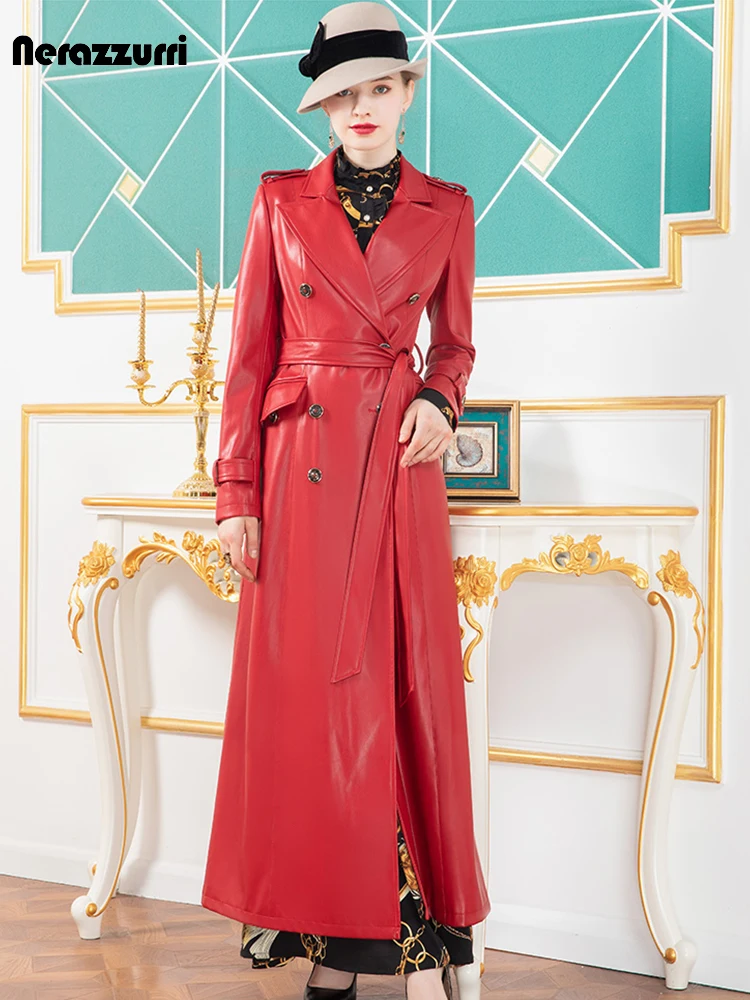 Nerazzurri Spring Autumn Red Extra Long Leather Trench Coat for Women Sashes Double Breasted Luxury Maxi British Style Fashion